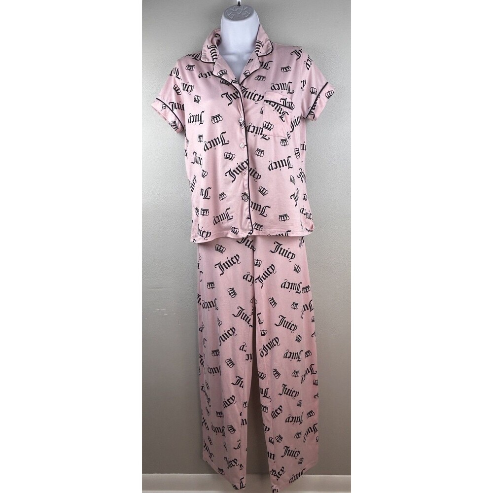 Juicy Couture Pajama Set Pink Black Print Crown Button Up Size Small Y2k pants